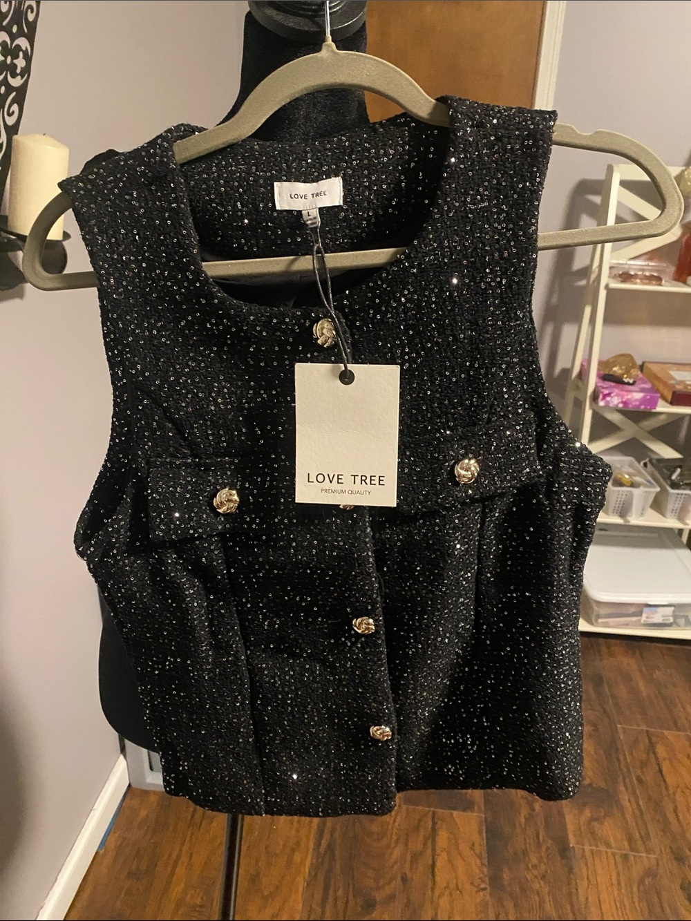 Love Tree Black Sparkle Sleeveless Button Front Tank